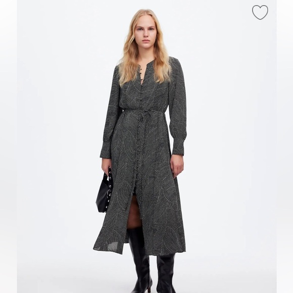 Madewell Tie-Waist Midi Dress in Dot Blouson Shirt Dress Button Down Casual Fall - Picture 1 of 12